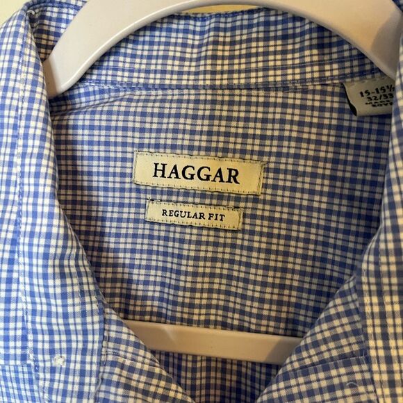 Haggar Men’s Regular Fit Blue Checkered Print Dress Shirt Size 15-15.5 - Picture 3 of 6